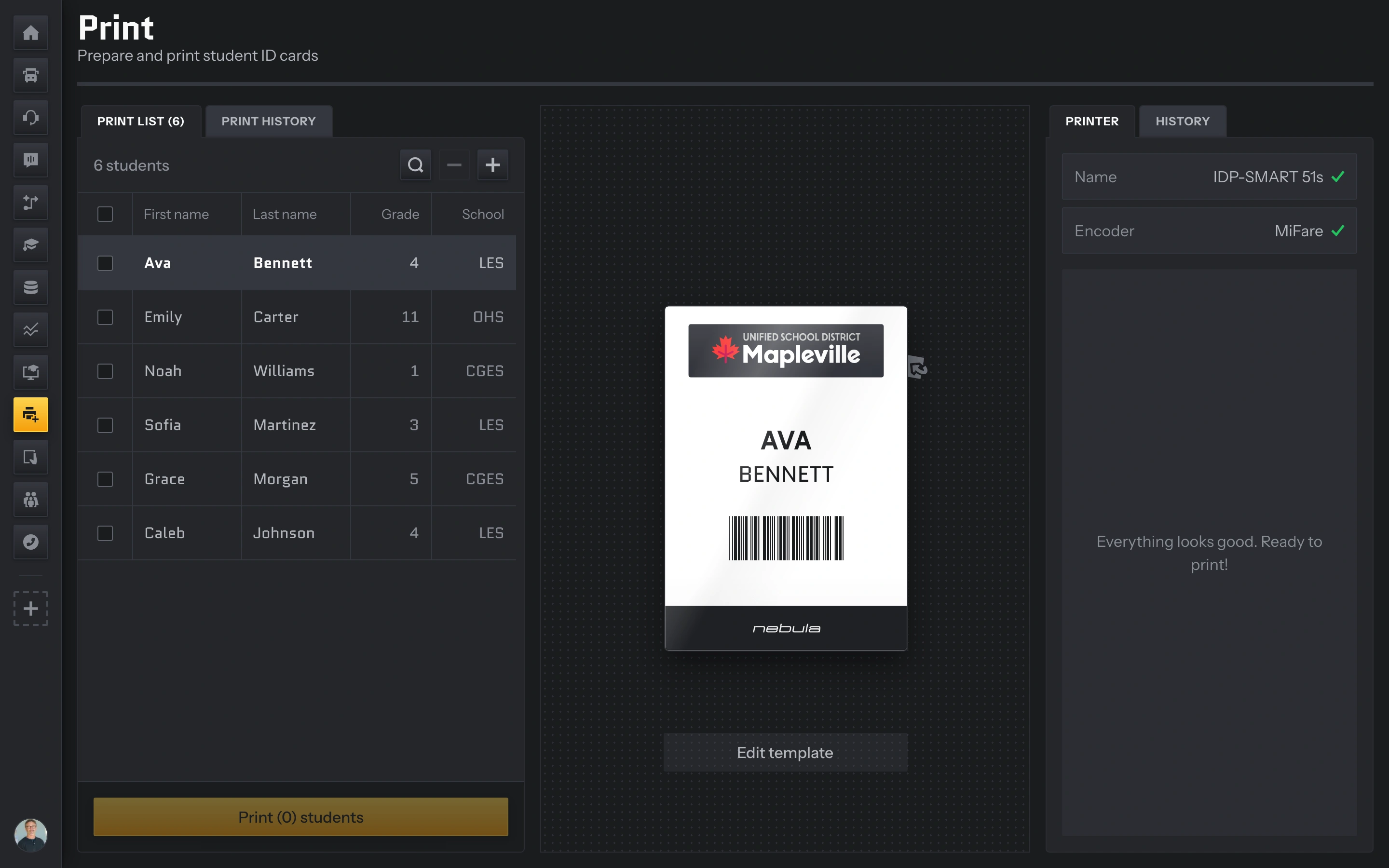 Print workspace with six students and the front of Ava Bennett’s student card.